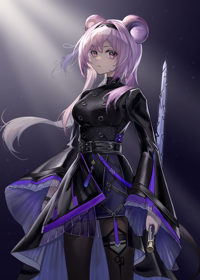 1girl absurdres animal_ears arknights bangs black_dress black_hairband black_pantyhose breasts closed_mouth commentary_request dress floating_hair hair_between_eyes hair_intakes hairband highres holding holding_sword holding_weapon lin_(arknights) long_hair long_sleeves looking_at_viewer medium_breasts pantyhose pink_eyes pink_hair procreate_(medium) see-through sleeves_past_wrists solo standing sword very_long_hair weapon wide_sleeves xinjinjumin868944647864