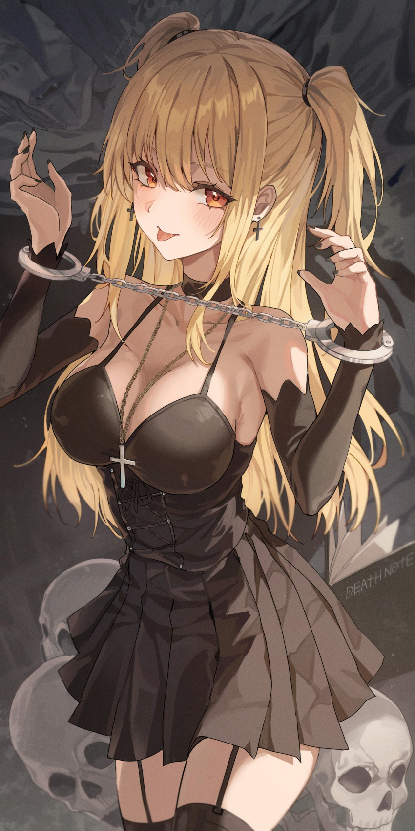 1girl 2gong_(9ujin_) absurdres amane_misa arms_up bangs black_choker black_dress black_garter_straps black_sleeves black_thighhighs blonde_hair breasts choker cleavage cross cross_earrings cross_necklace cuffs death_note death_note_(object) detached_sleeves dress earrings garter_straps handcuffs highres jewelry large_breasts long_hair looking_at_viewer necklace red_eyes rem_(death_note) solo thighhighs tongue tongue_out twintails