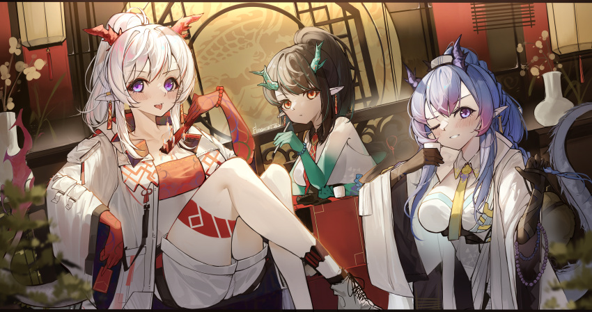 3girls absurdres arknights bangs bead_bracelet beads black_gloves black_hair black_socks blue_hair blush bracelet breasts cleavage dragon_girl dragon_horns dragon_tail dress dusk_(arknights) feet_out_of_frame folded_fan folding_fan gloves green_hair hair_between_eyes hand_fan highres holding holding_fan holding_paintbrush horns jacket jewelry knees_up letterboxed ling_(arknights) long_hair long_sleeves looking_at_viewer medium_breasts multicolored_hair multiple_girls necktie nian_(arknights) open_clothes open_jacket paintbrush pointy_ears ponytail purple_eyes red_eyes shoes short_shorts shorts sleeveless sleeveless_dress smile socks streaked_hair tail tongue tongue_out white_dress white_footwear white_jacket white_shorts wide_sleeves yamasede_neiko yellow_necktie