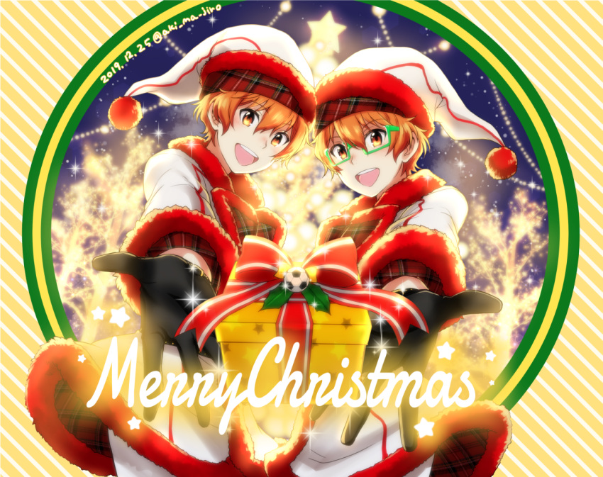 2boys aki_ma_jiro aoi_kyosuke aoi_yusuke black_gloves brothers christmas_lights christmas_tree english_text gift gloves green-framed_eyewear hair_between_eyes idolmaster idolmaster_side-m long_sleeves male_focus merry_christmas multiple_boys orange_eyes orange_hair siblings teeth twins upper_teeth_only