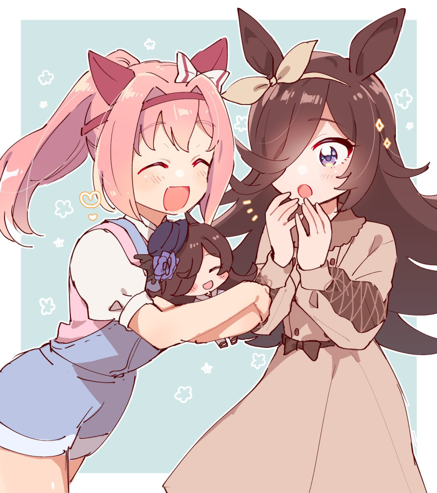 2girls ^_^ animal_ears blush bow_hairband brown_dress brown_hair character_doll closed_eyes closed_mouth doll_hug dress ear_covers hair_intakes hair_over_one_eye hairband hands_up haru_urara_(umamusume) highres horse_ears long_hair long_sleeves masumi_mi multiple_girls notice_lines object_hug open_mouth overall_shorts overalls pink_hair ponytail purple_eyes rice_shower_(umamusume) shirt short_sleeves sparkle umamusume upper_body white_shirt