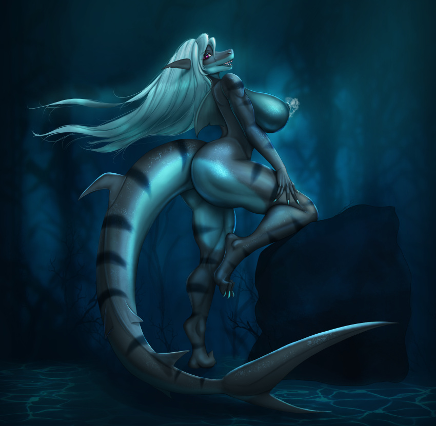 absurd_res akeno_(itsnafulol) anthro big_breasts big_butt black_body black_scales blue_body blue_hair blue_skin bodily_fluids breasts butt female fin fish flowing_hair hair hi_res huge_butt lactating marine purple_eyes raised_leg rock scales seaweed shark shark_tail sharp_teeth smile solo sunstripe tail teeth thick_tail thick_thighs underwater water