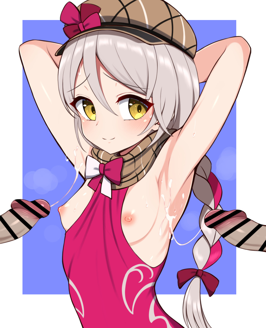 1girl 2boys armpits arms_behind_head arms_up bangs bar_censor between_breasts blue_background blush border braid braided_ponytail breasts brown_scarf censored clothes_between_breasts commentary_request cum cum_on_armpits cum_on_body erection fire_emblem fire_emblem_engage framme_(fire_emblem) grey_hair hair_between_eyes hair_ribbon hat highres hondaranya looking_at_viewer medium_hair multiple_boys multiple_penises nipples outside_border paid_reward_available penis plaid plaid_scarf ribbon scarf simple_background small_breasts smile solo_focus sweat upper_body white_border yellow_eyes