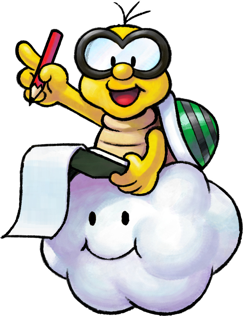 cloud glasses highres holding holding_pencil lakitu looking_at_viewer mario_&amp;_luigi_rpg mario_&amp;_luigi_rpg_(style) mario_(series) notebook official_art open_mouth pencil shell transparent_background