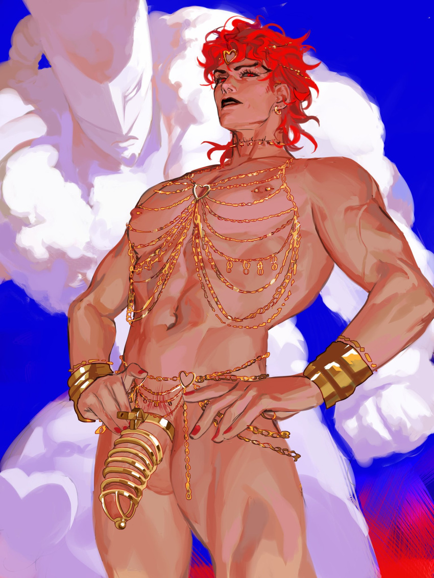 1boy abs alternate_color alternate_hair_color ashva black_lips bracelet chastity_cage commentary dio_brando earrings eyelashes hands_on_hips highres jewelry jojo_no_kimyou_na_bouken long_hair looking_at_viewer makeup male_focus male_pubic_hair muscular muscular_male navel necklace nipple_piercing nipples nude parted_lips pectorals penis piercing pubic_hair red_eyes red_hair red_nails scar scar_on_neck stand_(jojo) stardust_crusaders testicles the_world thighs vampire