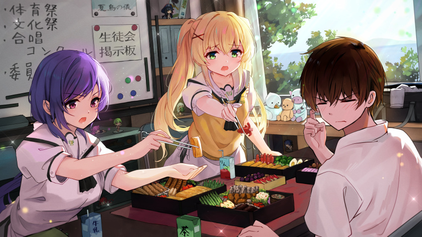 1boy 2girls bag bangs blonde_hair blush broccoli brown_hair chopsticks closed_eyes day egg feeding figure food food_art green_eyes hair_ornament hairclip highres holding holding_chopsticks indoors juice_box kanji long_hair lunchbox meat mizuori_shizuku multiple_girls omelet open_mouth purple_eyes purple_hair sailor_collar sausage school_uniform scratching_cheek shelf shirt sitting standing stuffed_toy summer_pockets table tagame_(tagamecat) takahara_hairi tako-san_wiener tamagoyaki tree tsumugi_wenders twintails vegetable white_shirt whiteboard window x_hair_ornament