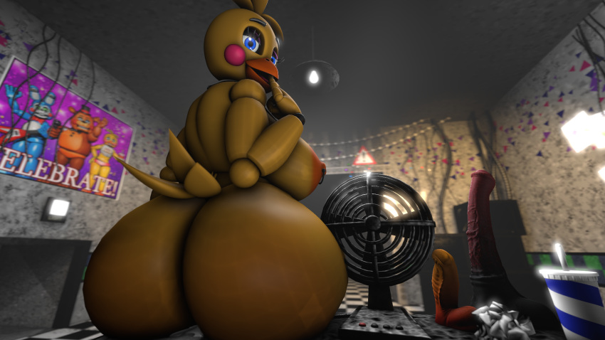 anthro bite desk dildo female female/female finger_bite finger_in_mouth five_nights_at_freddy's five_nights_at_freddy's_2 furniture hi_res nipple_piercing nipples piercing radicalsaturday scottgames sex_toy sitting_on_another solo table teasing toy_chica_(fnaf) yellow_body