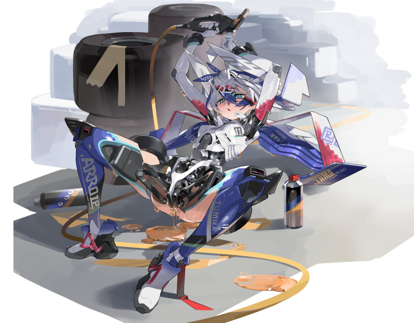 1girl absurdres arms_up ass blue_eyes blue_hair breasts can gasoline grey_hair hair_between_eyes highres holding lying mecha_musume mechanical_parts nori_tamahana on_back open_mouth original red_hair solo spread_legs tire