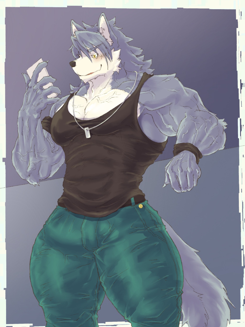 abs absurd_res anthro armband belt black_clothing black_shirt black_tank_top black_topwear blue_bottomwear blue_clothing blue_pants blush bottomwear bulge canid canine canis cellphone clothing denim denim_clothing dog_tags domestic_dog hi_res husky jeans jewelry kouya_(morenatsu) male mammal morenatsu muscular muscular_arm muscular_male muscular_thighs navel necklace necklace_only nipples nordic_sled_dog nude pants pecs phone shirt solo spitz tank_top tenting topwear veiny_arms wristband yunu38