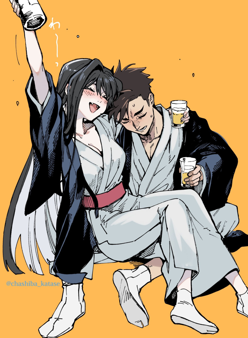 1boy 1girl alcohol black_hair blush bottle chashiba_katase closed_eyes cup drink drinking_glass drunk fangs hand_on_another's_shoulder haori highres holding holding_bottle holding_cup japanese_clothes kimono kyokou_suiri long_hair muroi_masayuki orange_background sash simple_background socks twitter_username white_kimono white_socks yuki-onna_(kyokou_suiri) yuki_onna