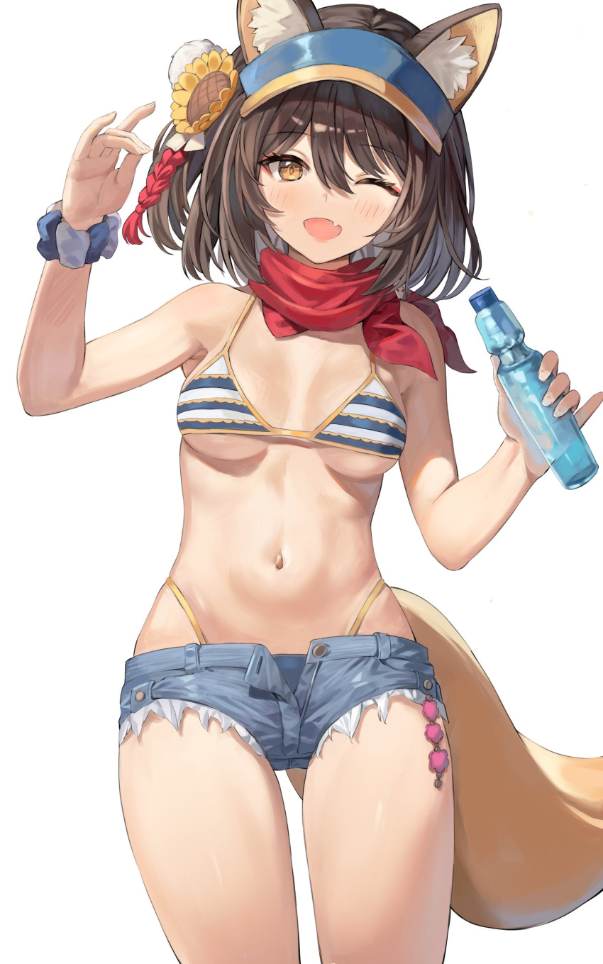 1girl animal_ears bangs blue_archive blue_shorts blush breasts brown_eyes cleavage fang hair_ornament highres holding izuna_(blue_archive) izuna_(swimsuit)_(blue_archive) medium_breasts medium_hair micro_shorts navel one_eye_closed open_mouth rangen scrunchie shorts simple_background skin_fang smile stomach tail underboob white_background wrist_scrunchie