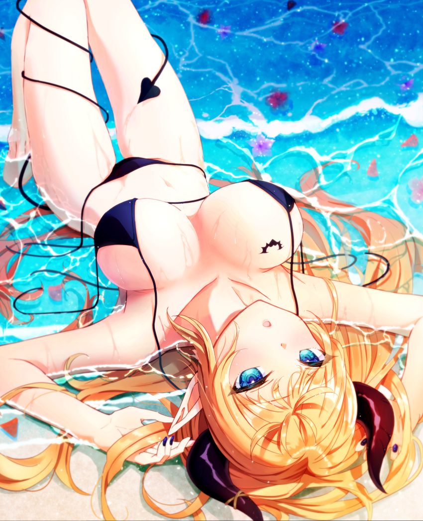 1girl 5to_rai :o absurdres alternate_costume bare_legs barefoot bat_tattoo beach bikini black_bikini black_nails blonde_hair blue_eyes blush breast_tattoo breasts commentary day demon_girl demon_horns demon_tail flower from_above full_body gradient_hair highres hololive horns knees_up large_breasts long_hair looking_at_viewer lying multicolored_hair nail_polish navel ocean on_back open_mouth outdoors partially_submerged petals pink_hair pointy_ears solo string_bikini swimsuit tail tail_around_leg tattoo two-tone_hair untied untied_bikini upside-down virtual_youtuber wet yuzuki_choco