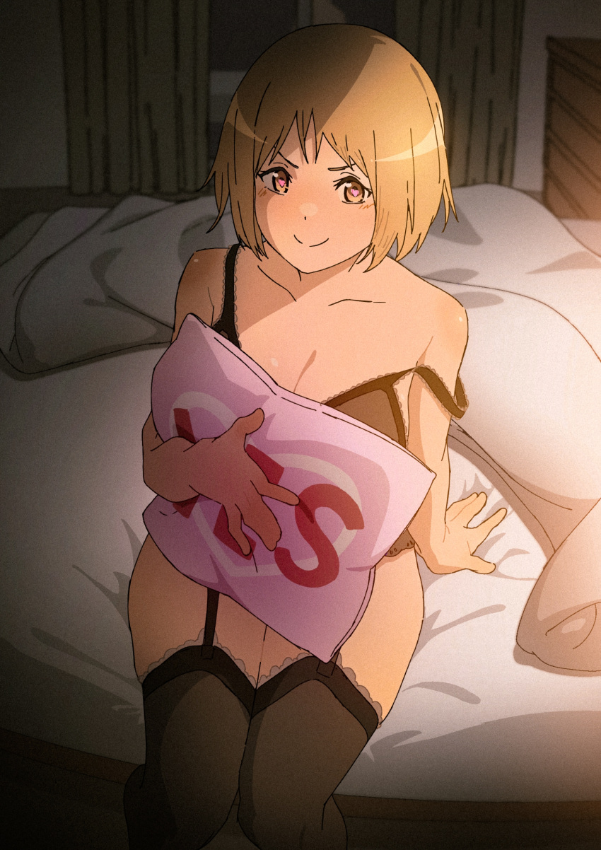 1girl arm_behind_back bed blanket blonde_hair breasts brown_eyes chest_of_drawers cleavage closed_mouth collarbone commission curtains from_above girls'_frontline heart heart_in_eye highres lingerie looking_at_viewer medium_breasts mp40_(girls'_frontline) non-web_source pixiv_commission short_hair smile solo symbol_in_eye thighhighs triangle_bullet underwear yes-no_pillow