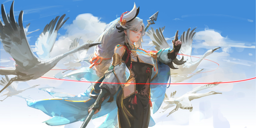 1girl arrow_(projectile) bangs bird black_dress blue_eyes blue_sky breasts calamity_queller_(genshin_impact) chinese_clothes closed_mouth cloud cowboy_shot dress genshin_impact gold_armor gold_trim hair_ornament hair_over_one_eye highres holding long_hair looking_to_the_side pale_skin pointing pointing_up polearm seagull shenhe_(genshin_impact) shoulder_pads sky solo spear standing tight weapon white_bird white_hair youshun_(naturaljuice)