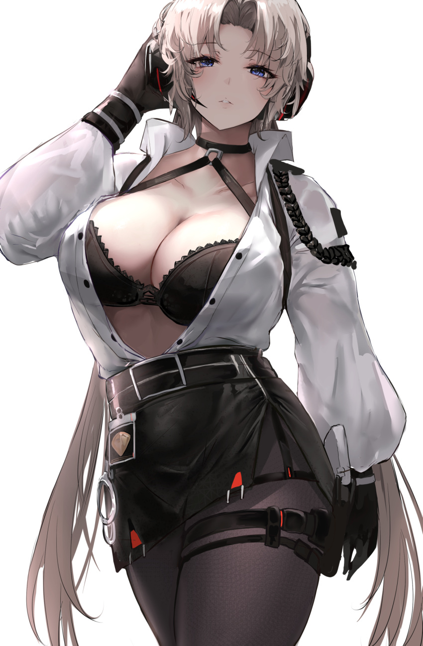 1girl absurdres azur_lane black_bra black_gloves black_pantyhose black_skirt blue_eyes bra breasts cleavage collarbone gloves grey_hair hand_up highres kronshtadt_(azur_lane) large_breasts liaowen long_sleeves pantyhose parted_lips shirt shirt_tucked_in short_hair simple_background skirt thighs unbuttoned underwear white_background white_shirt