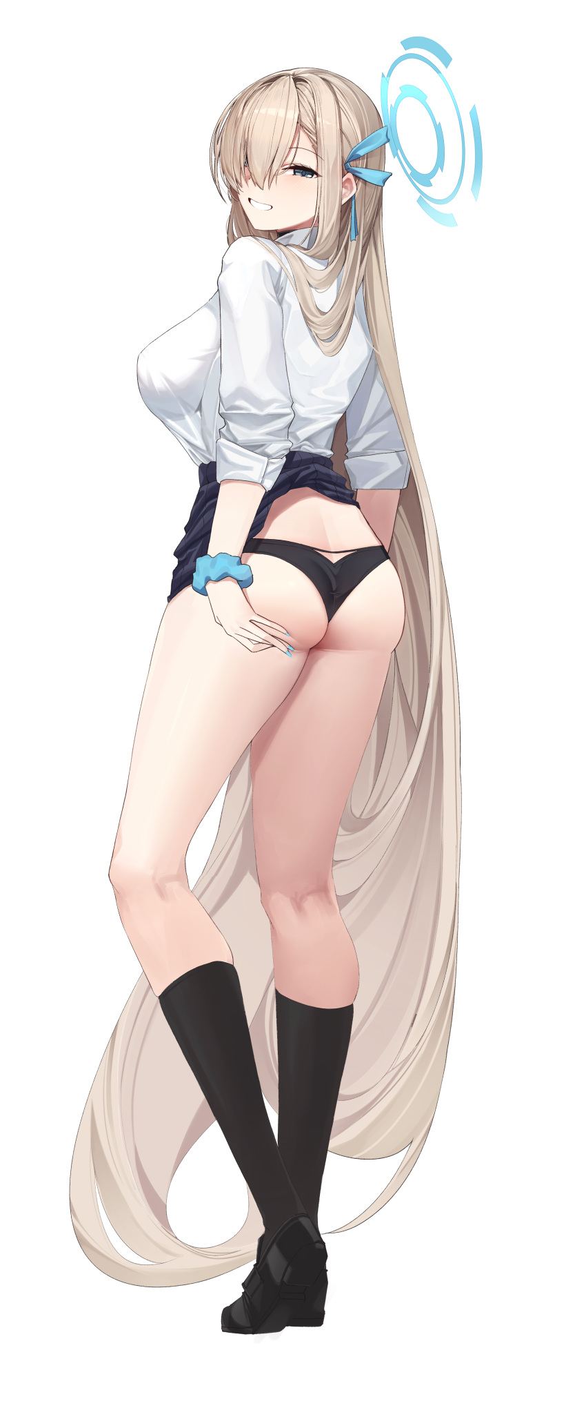 1girl absurdres ass asuna_(blue_archive) bangs black_panties black_socks blue_archive blue_eyes blue_nails blue_ribbon blue_scrunchie blush braid braided_bun breasts clothes_lift clothes_pull full_body hair_bun hair_over_one_eye hair_ribbon halo hand_on_own_ass highres kneehighs kneepits large_breasts legs light_brown_hair long_hair long_sleeves looking_at_viewer mung_(larnec) nail_polish one_eye_covered panties pleated_skirt revision ribbon school_uniform scrunchie shirt skirt skirt_lift skirt_pull sleeves_rolled_up smile socks solo standing tachi-e thighs underwear very_long_hair white_background white_shirt wrist_scrunchie