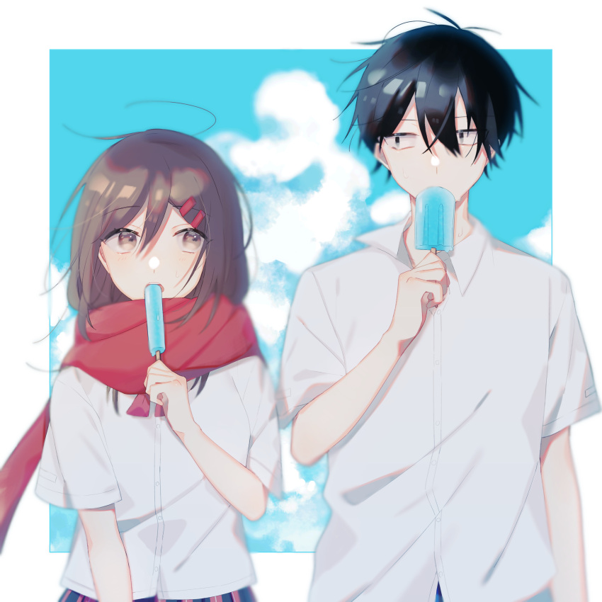1boy 1girl absurdres ahoge arm_at_side bangs black_eyes black_hair black_skirt blue_sky blurry border bow bowtie brown_eyes brown_hair cloud cloudy_sky collared_shirt commentary day eating enpera food hair_between_eyes hair_ornament hairclip highres holding holding_food kagerou_project kisaragi_shintarou long_bangs looking_at_another looking_to_the_side mekakucity_actors multicolored_clothes multicolored_skirt muuta04 open_collar open_mouth outside_border plaid plaid_skirt pleated_skirt popsicle red_bow red_bowtie red_scarf red_skirt scarf school_uniform shirt short_sleeves skirt sky summer_uniform tateyama_ayano teeth upper_body upper_teeth_only white_border white_shirt