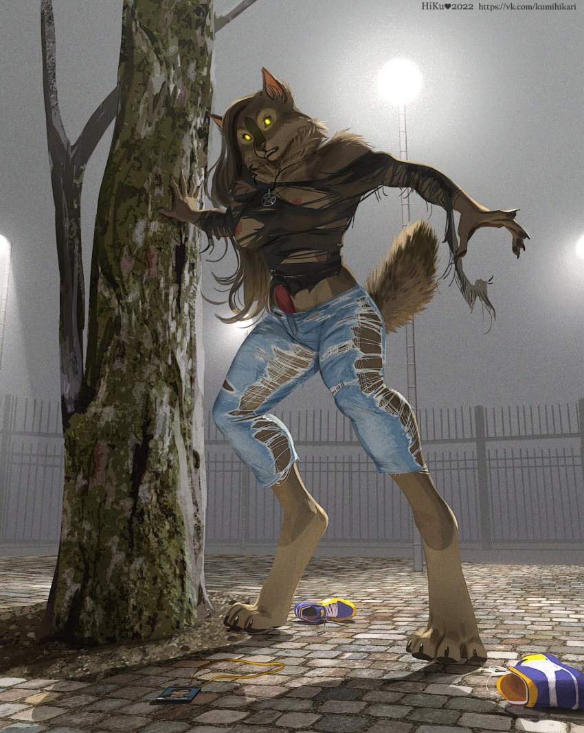 anthro areola canid canine canis claws clothing digital_media_(artwork) erection female fur genitals hair hi-ku hi_res intersex long_hair looking_at_viewer mammal nipples open_mouth penis solo species_transformation text topwear torn_clothing transformation url were werecanid werecanine werewolf