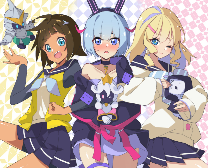 3girls animal_ears armor bare_legs bare_shoulders beak bird black_hoodie blonde_hair blue_eyes blue_hair blush brown_hair carrot_necklace choker closed_eyes creature crown cygames earrings fake_animal_ears fingernails full_armor gyaru headband highres holding holding_creature holster hood hood_up hoodie isei_sei jacket jewelry kazamatsuri_ren_(shadowverse_flame) kilt knight mascot miniskirt multiple_girls nail_polish necklace one_eye_closed open_clothes open_jacket open_mouth otosaka_shion_(shadowverse_flame) oversized_clothes oversized_shirt pearl_earrings penguin petting pleated_skirt puffy_sleeves rabbit_ears ribbon shadowverse shadowverse_(anime) shadowverse_flame shirt shy skirt sleeves_past_fingers sleeves_past_wrists smile sweat takanashi_tsubasa_(shadowverse_flame) teeth thigh_holster thighs upper_teeth_only v_arms white_shirt yellow_jacket