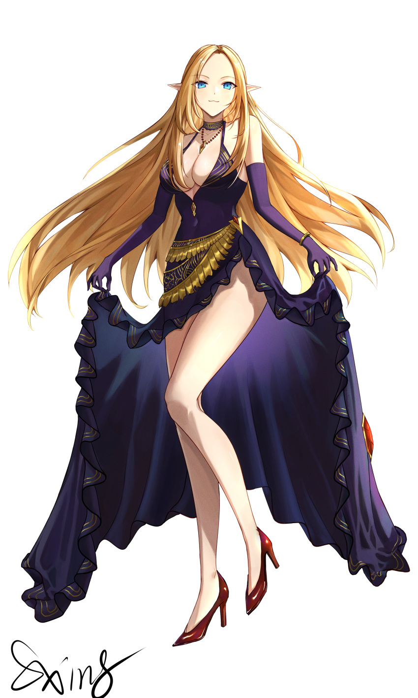 1girl :3 absurdres alpha_(kage_no_jitsuryokusha_ni_naritakute!) bare_shoulders black_dress black_gloves blonde_hair blue_eyes breasts cleavage closed_mouth cocktail_dress collarbone commentary_request dress elbow_gloves elf forehead full_body gloves high_heels highres jewelry kage_no_jitsuryokusha_ni_naritakute! long_hair looking_at_viewer necklace pointy_ears red_footwear signature simple_background skirt_hold sleeveless sleeveless_dress solo sxing699 thighs white_background