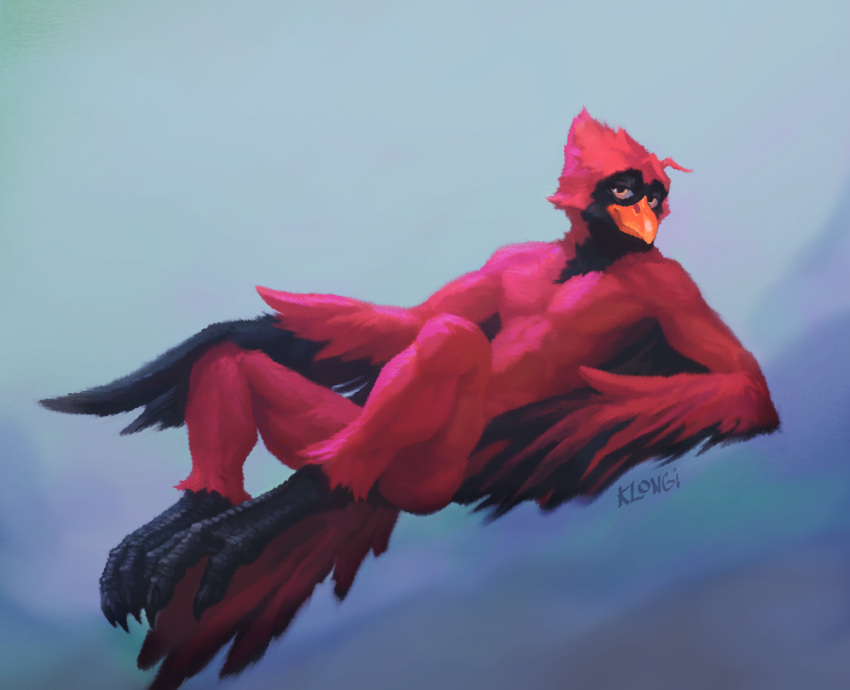 anthro avian beak bid_feet bird cardinal_(bird) claws feathered_wings feathers hi_res klongi looking_at_viewer lying male nude on_back oscine passerine phnod red_body red_feathers solo tail_feathers winged_arms wings