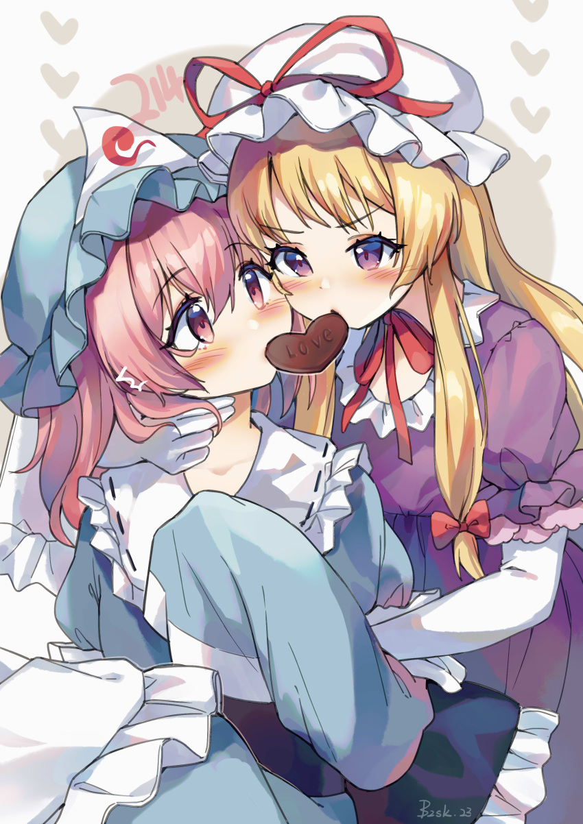 2girls absurdres bangs baozishark blonde_hair blue_headwear blue_kimono blush bow candy chocolate dress elbow_gloves food frilled_kimono frills gloves hair_between_eyes hair_bow hat hat_ribbon heart heart-shaped_chocolate highres japanese_clothes kimono long_hair mob_cap multiple_girls pink_eyes pink_hair purple_dress purple_eyes red_bow red_ribbon ribbon saigyouji_yuyuko short_sleeves sidelocks sleeves_past_fingers sleeves_past_wrists touhou triangular_headpiece valentine white_gloves white_headwear wide_sleeves yakumo_yukari