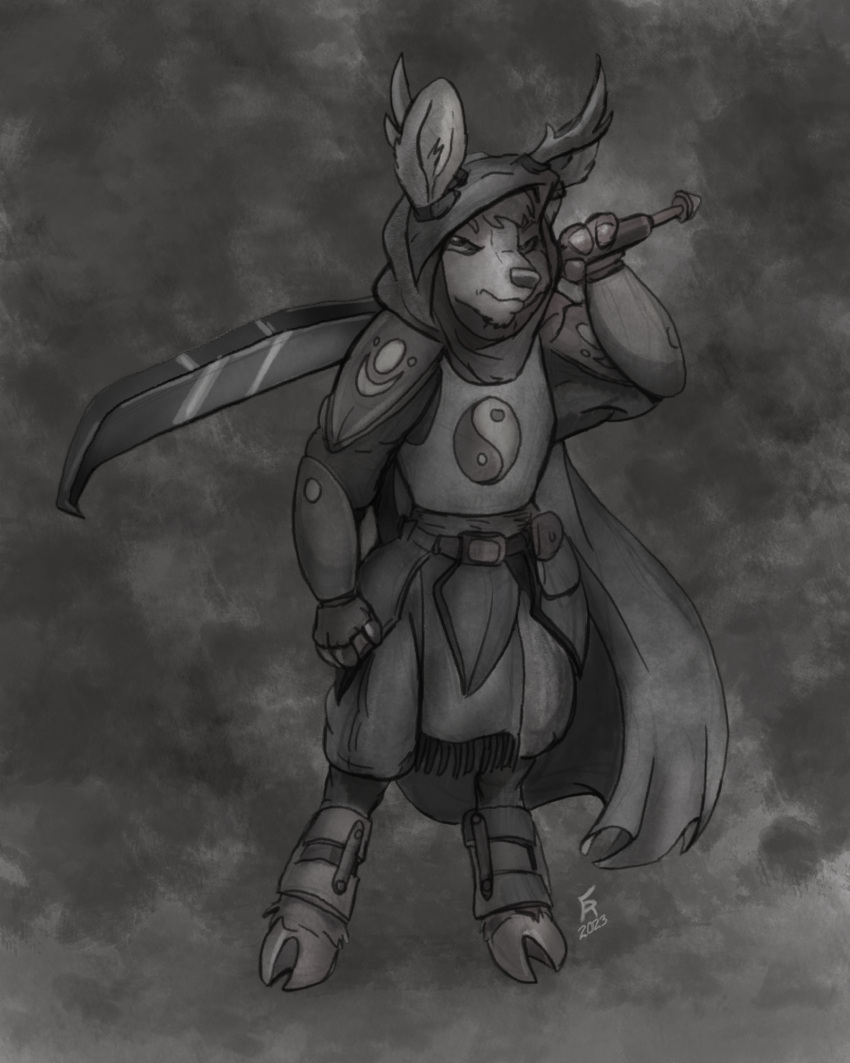 2023 3_fingers alternate_species anthro antlers armor cape clothing dax_(dax1) deer fingers flinters greyscale hi_res hooves horn male mammal melee_weapon monochrome solo sword weapon