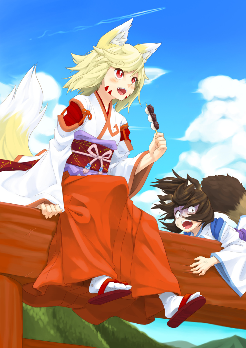 2girls animal_ear_fluff animal_ears bangs blonde_hair blue_sky blush bright_pupils brown_eyes brown_hair clothing_cutout cloud commentary_request constricted_pupils contrail dango day facial_mark fang fangs flat_chest food fox_ears fox_girl fox_tail full_body hakama hakama_skirt hand_up happy highres holding holding_food holding_skewer japanese_clothes kame_(3t) kimono long_sleeves looking_down miko mountain multiple_girls obi open_mouth orange_trim original outdoors raccoon_ears raccoon_girl raccoon_tail red_eyes red_footwear red_hakama sandals sash scared short_hair shoulder_cutout sidelocks sitting skewer skirt sky smile socks sweat swept_bangs tabi tail tears teeth tongue torii turn_pale wagashi whisker_markings white_kimono white_pupils white_socks wide_sleeves