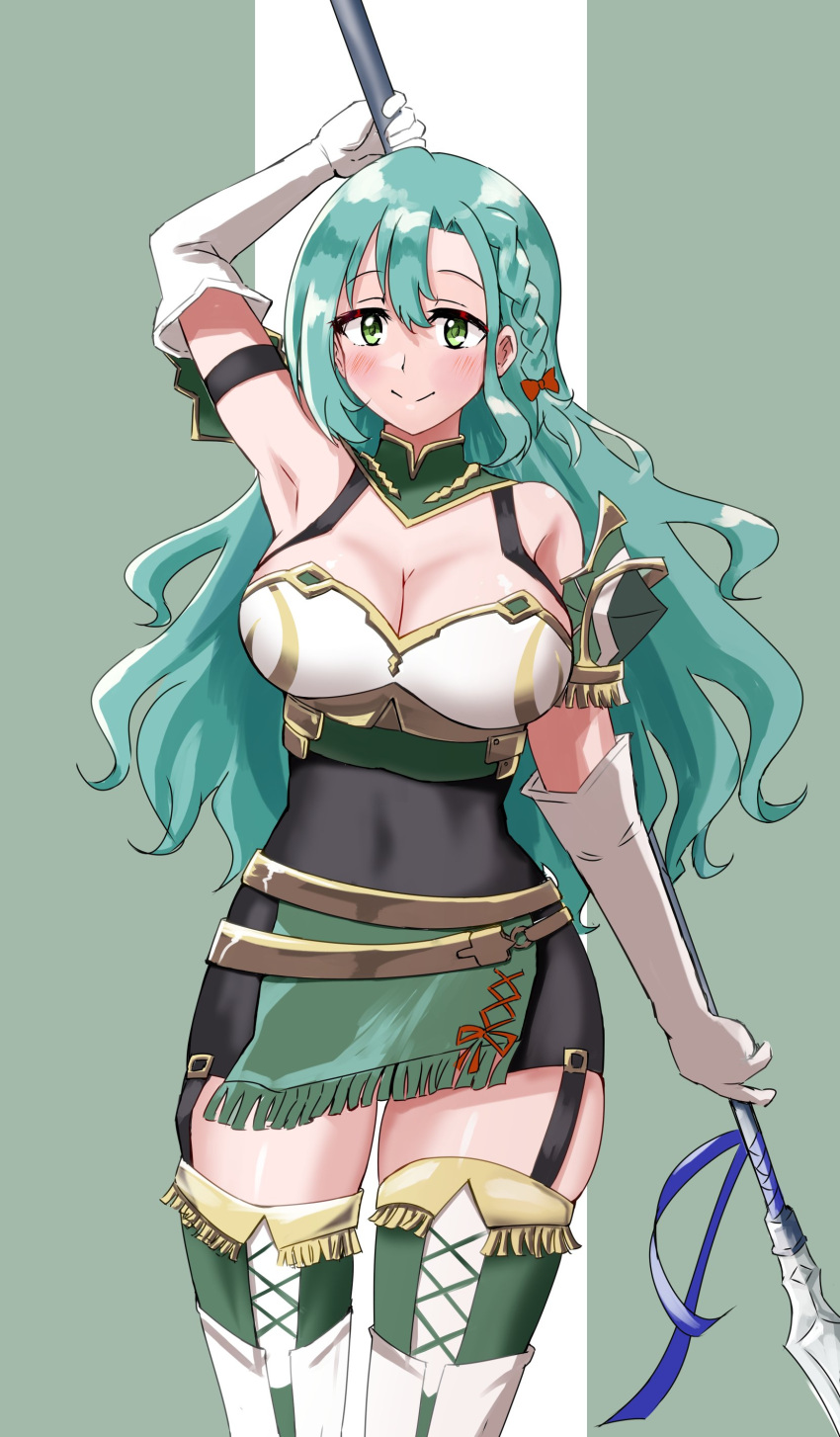1girl absurdres aqua_hair armor bangs bare_shoulders braid breastplate breasts chloe_(fire_emblem) cleavage covered_navel elbow_gloves ereka fire_emblem fire_emblem_engage garter_straps gloves green_eyes highres large_breasts long_hair looking_at_viewer pegasus_knight_uniform_(fire_emblem) polearm shoulder_armor side_braid single_braid skin_tight smile solo spear very_long_hair weapon white_gloves
