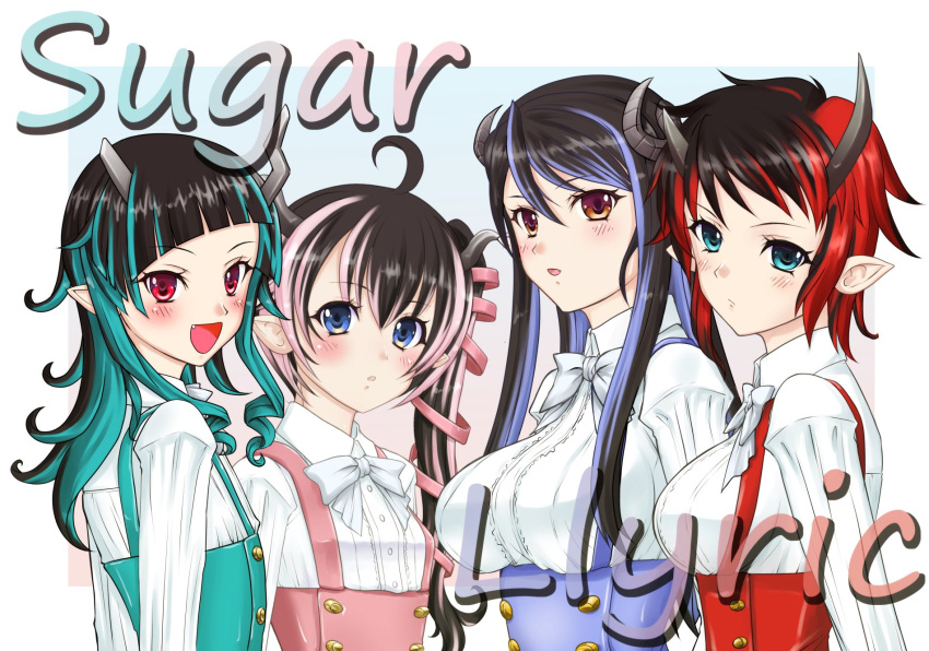 4girls 774_inc. :d ahoge alternate_costume bangs black_hair blue_eyes blue_hair blush bow bowtie breasts brown_eyes closed_mouth collared_shirt commentary_request copyright_name curled_horns demon_girl demon_horns dirndl expressionless fang flat_chest german_clothes grey_horns hair_between_eyes hair_ribbon hebiyoi_tier highres horns kaduitutu large_breasts long_hair long_sleeves looking_at_viewer medium_breasts multicolored_hair multiple_girls oinomori_may one_side_up open_mouth pink_hair pink_ribbon pointy_ears red_eyes red_hair ribbon ryugasaki_rene shirt shishio_chris short_hair sidelocks small_breasts smile sugar_lyric two-tone_hair typo underbust upper_body virtual_youtuber white_bow white_bowtie white_shirt