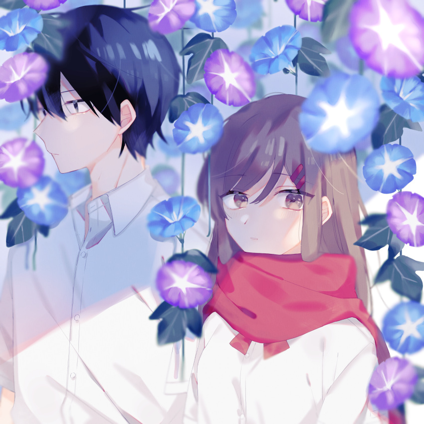 1boy 1girl absurdres bangs black_eyes black_hair blue_flower blurry bow bowtie brown_hair closed_mouth collared_shirt commentary day expressionless eyes_visible_through_hair flower from_side hair_between_eyes hair_ornament hairclip highres kagerou_project kisaragi_shintarou leaf long_bangs long_hair looking_ahead looking_at_viewer mekakucity_actors morning_glory muuta04 nose open_collar outdoors parted_lips plant profile purple_flower red_bow red_bowtie red_scarf scarf school_uniform shirt short_hair sunlight tateyama_ayano upper_body white_shirt