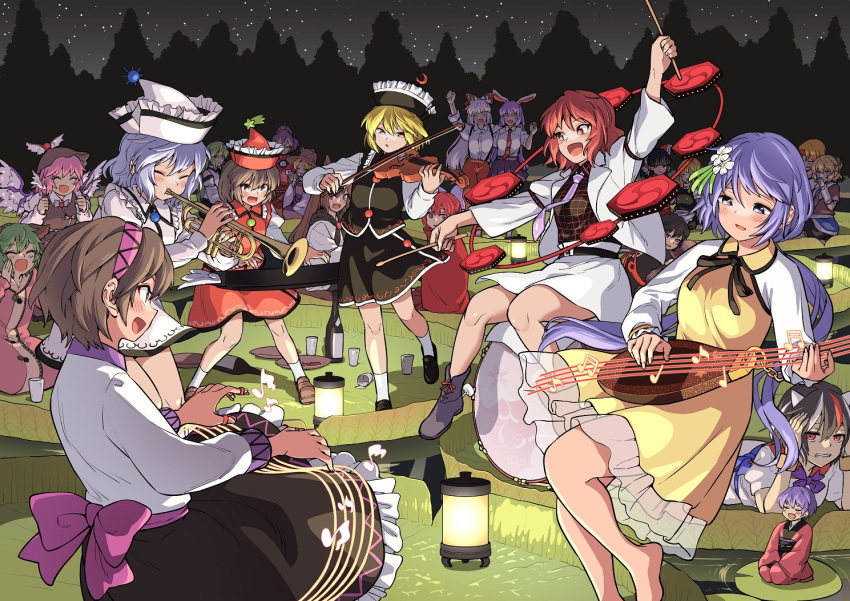 6+girls animal_ears apron arm_up arm_warmers bangs bare_shoulders barefoot beamed_sixteenth_notes bird_ears bird_wings biwa_lute black_dress black_headwear black_shirt black_skirt black_vest blazer blonde_hair blue_bow blush bow brown_dress brown_eyes brown_hair brown_headwear brown_shirt cape chain closed_eyes closed_mouth collared_shirt commission covering_ears crescent crescent_hat_ornament cup detached_sleeves dog_ears dress drum drumsticks earrings eighth_note fang flower frilled_skirt frills frog_hair_ornament fujiwara_no_mokou futatsuiwa_mamizou fuuzasa green_eyes green_hair hair_between_eyes hair_bow hair_flower hair_ornament hair_tubes hairband hakurei_reimu hat hat_ornament holding holding_drumsticks holding_instrument horikawa_raiko horns hoshiguma_yuugi houjuu_nue imaizumi_kagerou instrument jacket japanese_clothes jewelry kasodani_kyouko keyboard_(instrument) kijin_seija kimono kirisame_marisa kochiya_sanae lantern light_purple_hair lily_pad long_hair long_sleeves lunasa_prismriver lute_(instrument) lyrica_prismriver merlin_prismriver mitsudomoe_(shape) mizuhashi_parsee moriya_suwako multicolored_hair multiple_girls music musical_note mystia_lorelei necktie nontraditional_miko obi open_clothes open_jacket open_mouth pants pink_dress pink_hair pink_hairband playing_instrument pleated_skirt purple_eyes purple_hair purple_necktie purple_skirt purple_vest quarter_note rabbit_ears raccoon_tail red_bow red_cape red_eyes red_hair red_headwear red_horns red_kimono red_necktie red_pants red_shirt red_skirt red_vest red_wings reisen_udongein_inaba sash sekibanki shirt short_hair siblings sidelocks single_earring single_horn sisters skeb_commission skirt sleeve_garter smile star_(symbol) star_hat_ornament streaked_hair sukuna_shinmyoumaru tail tomoe_(symbol) touhou trumpet tsukumo_benben tsukumo_yatsuhashi vest violin waist_apron white_apron white_bow white_dress white_flower white_hair white_headwear white_jacket white_shirt white_skirt white_sleeves white_vest white_wings wide_sleeves winged_hat wings wolf_ears yasaka_kanako yellow_dress yellow_eyes