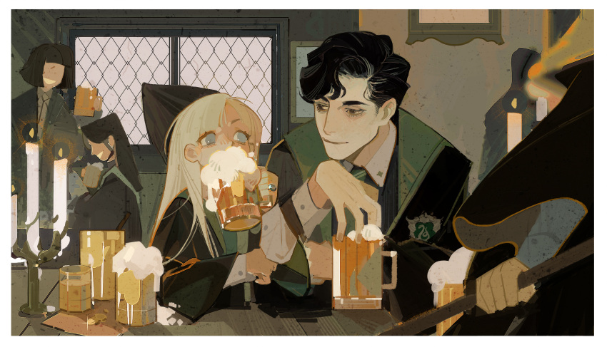 1boy 1girl absurdres alcohol beer_mug black_hair black_robe blonde_hair blue_eyes blush brown_eyes candle chandelier cup curly_hair draco_malfoy drinking genderswap genderswap_(mtf) harry_potter_(series) highres long_hair meerajebt mug robe short_hair slytherin smile voldemort wand