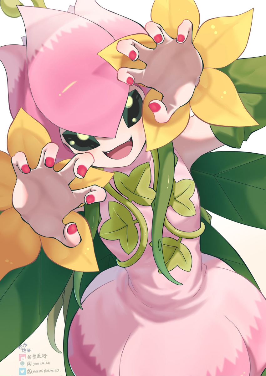 1girl close-up digimon digimon_(creature) dress fangs flower_hat green_eyes hands_up highres lillymon looking_at_viewer nail_polish open_mouth paw_pose plant_wings red_nails solo twitter_logo watermark wings youzaiyouzai112