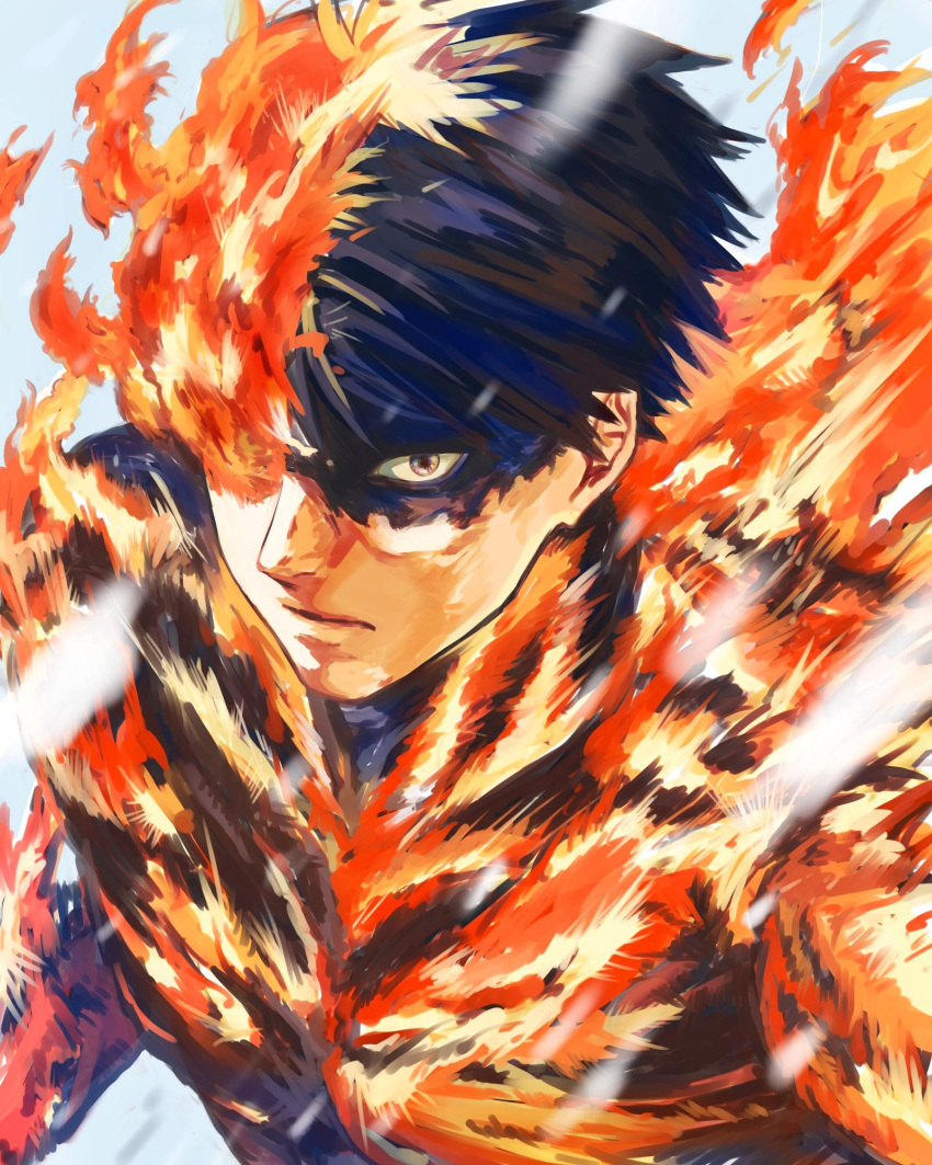 1boy agni_(fire_punch) black_hair burn_scar burning fire fire_punch flaming_eye highres looking_at_viewer scar short_hair smoke sokora_hen solo