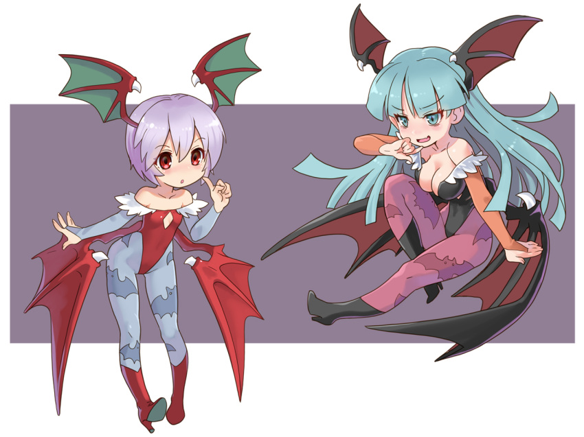 2girls animal_print bare_shoulders bat_print bat_wings blue_pantyhose blush breasts capcom demon_girl elbow_gloves fang flat_chest gloves green_eyes green_hair head_wings high_heels index_finger_raised katahira_masashi large_breasts leotard lilith_aensland long_hair low_wings morrigan_aensland multiple_girls no_nose open_mouth pantyhose print_legwear purple_hair red_footwear red_leotard short_hair skin_fang vampire_(game) wings