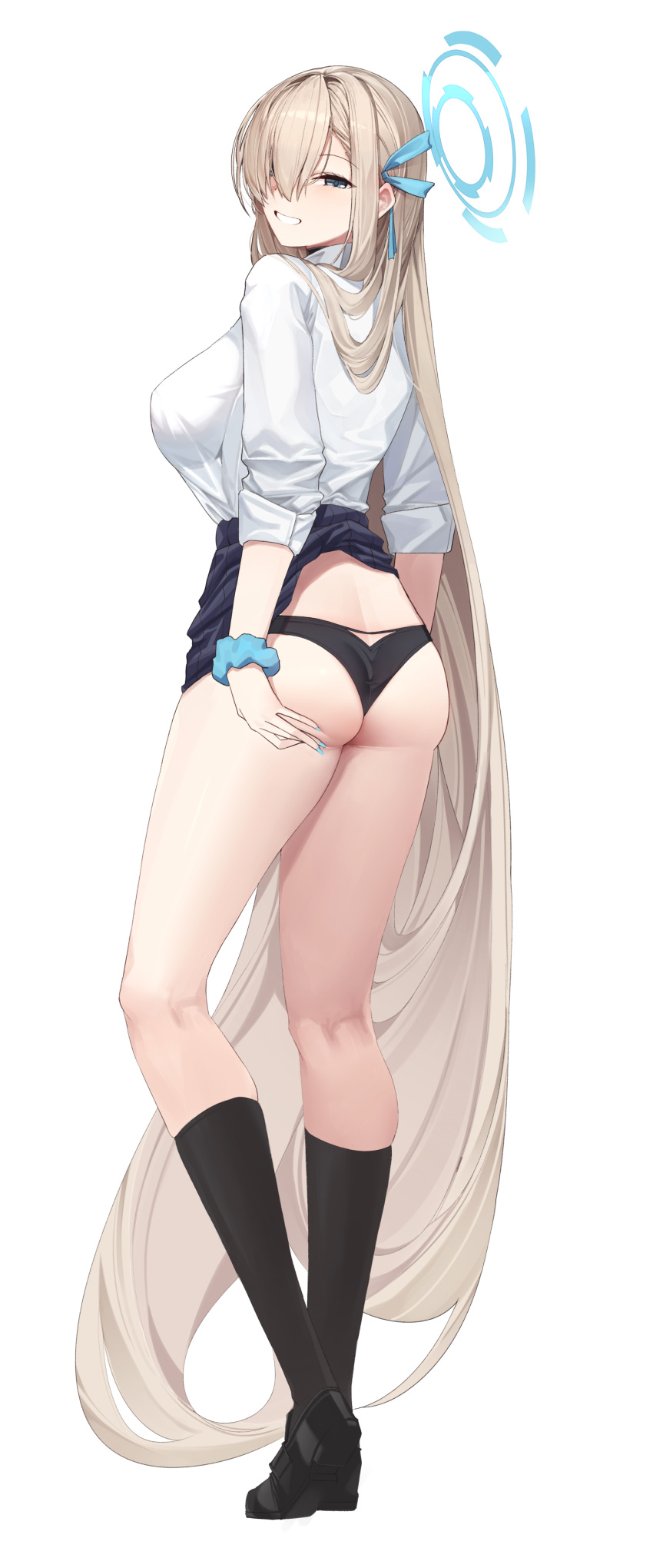1girl absurdres ass asuna_(blue_archive) bangs black_panties blue_archive blue_eyes blush braid braided_bun breasts clothes_pull hair_bun hair_over_one_eye halo highres kneehighs large_breasts legs light_brown_hair long_hair long_sleeves looking_at_viewer mung_(larnec) nail_polish panties pleated_skirt school_uniform skirt skirt_pull smile socks solo thighs underwear very_long_hair white_background