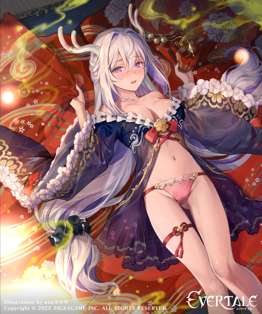 1girl absurdres antlers artist_name ass_visible_through_thighs azu-taro bangs breasts company_name copyright copyright_name evertale feet_out_of_frame flower_knot haku_(evertale) highres light_blush long_hair long_sleeves looking_at_viewer lying medium_breasts multicolored_hair navel nightgown no_pants official_art on_back open_mouth panties pink_panties purple_hair see-through solo streaked_hair teeth thigh_strap underwear upper_teeth_only white_hair wide_sleeves