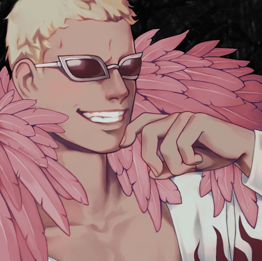 1boy arm_up beancrafts black_background blonde_hair coat donquixote_doflamingo feather_coat feathers finger_to_own_chin highres one_piece open_clothes pink_coat portrait shirt short_hair smile solo_focus sunglasses upper_body white-framed_eyewear white_shirt