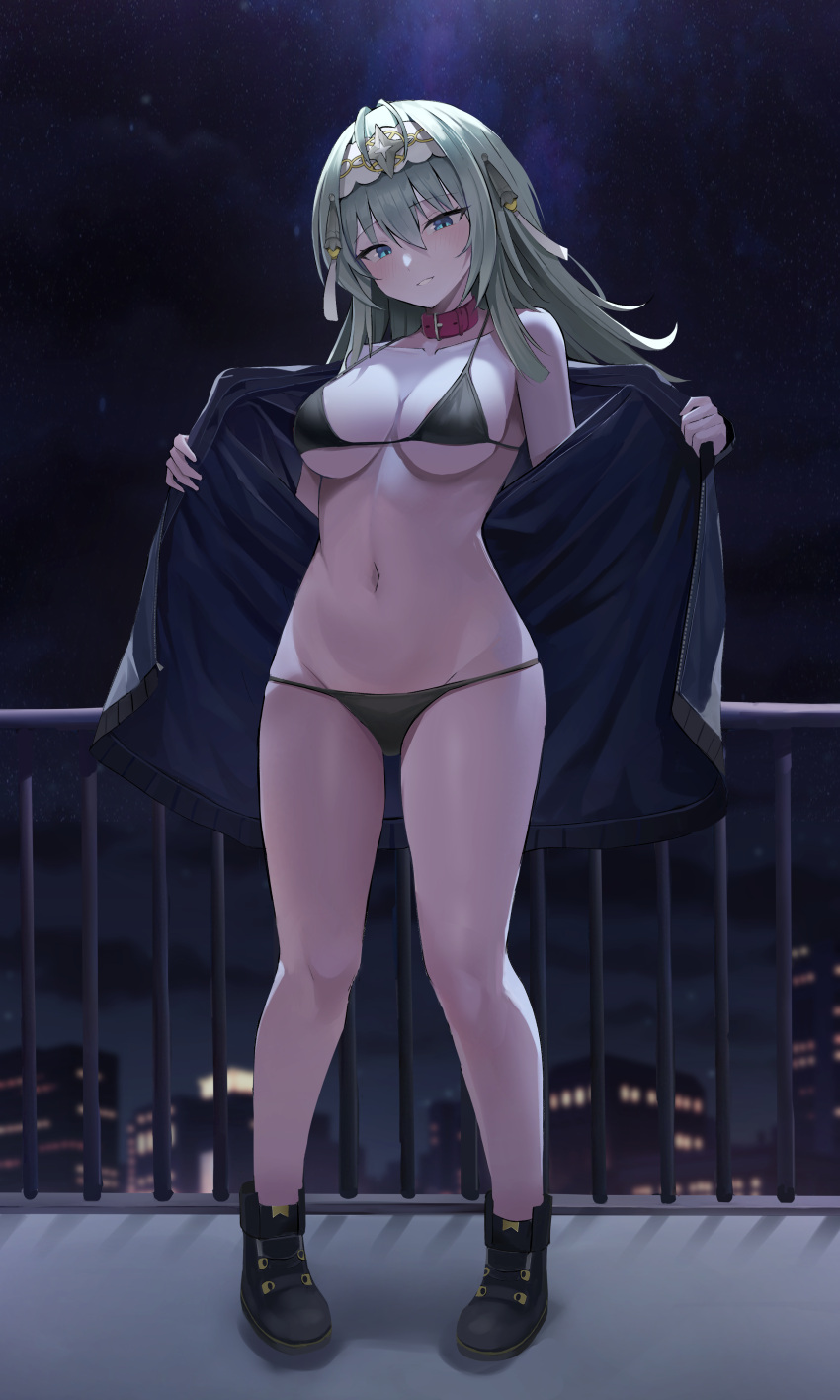 1girl absurdres aqua_eyes breasts city cityscape collar epic_seven female_pervert highres jacket large_breasts long_hair looking_at_viewer navel night night_sky pervert politis_(epic_seven) red_collar sky solo swimsuit