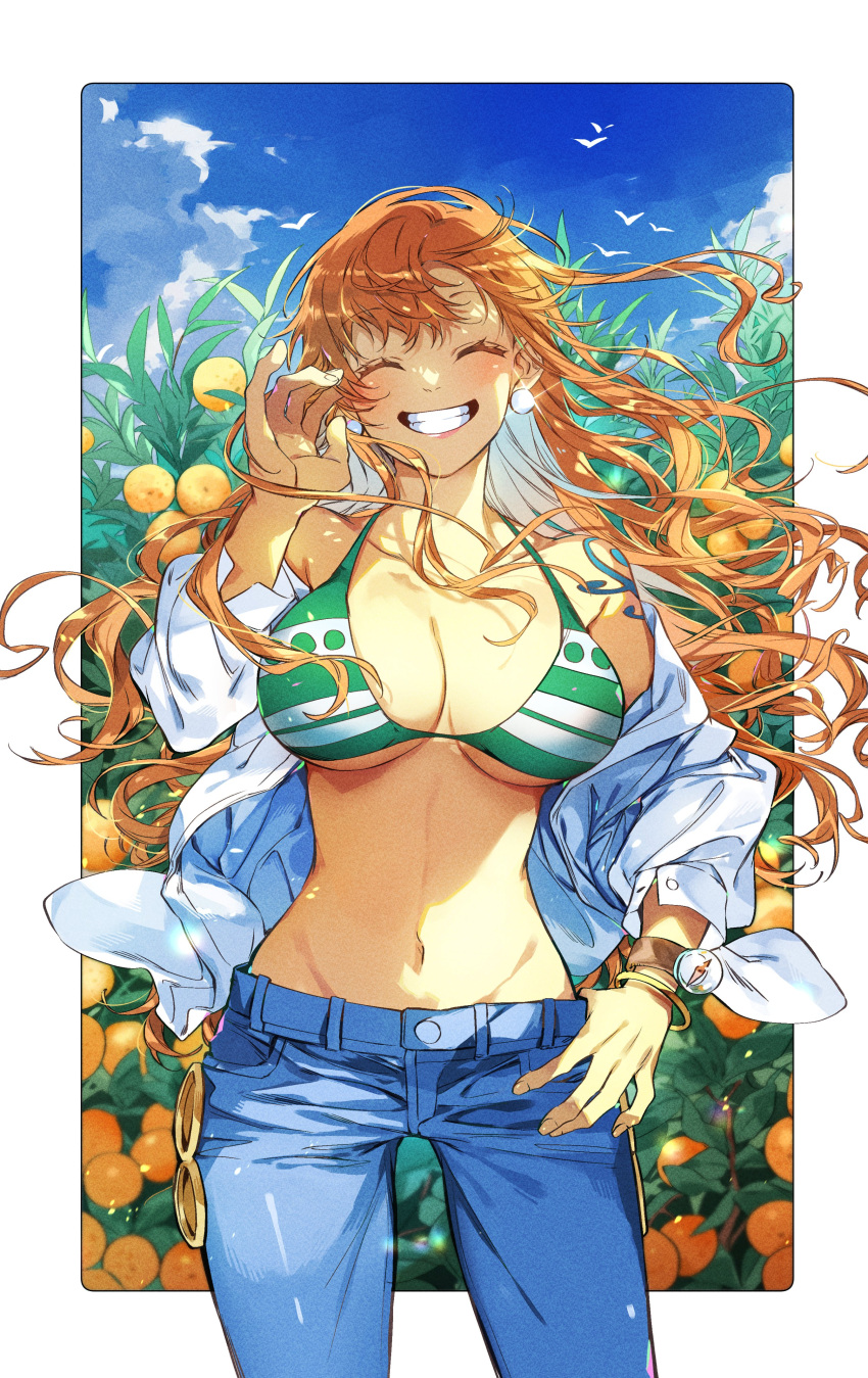 1girl absurdres arm_tattoo bikini bikini_top_only bird blue_pants blue_sky blush bracelet breasts cleavage closed_eyes cloud cloudy_sky collarbone commentary cowboy_shot denim dress_shirt earrings facing_viewer food fruit glint green_bikini grin groin highres jeans jewelry large_breasts log_pose long_hair nami_(one_piece) navel oboro_keisuke off_shoulder one_piece open_clothes open_shirt orange_(fruit) orange_hair orange_tree outdoors pants shirt sky smile solo standing stomach swimsuit tattoo teeth thumb_in_beltline wavy_hair white_shirt wind wind_lift