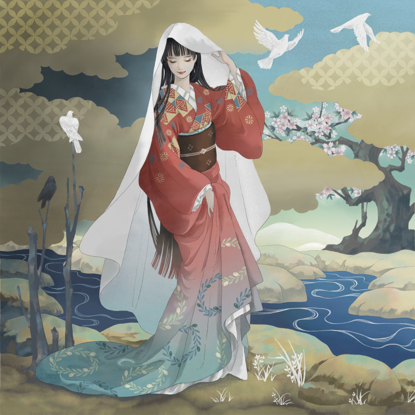 1girl absurdres animal bangs bird black_hair blunt_bangs blunt_ends chifuji_k closed_mouth cloud dove facing_viewer floral_print frilled_sleeves frills full_body gradient_clothes grass hand_up highres hime_cut japanese_clothes kimono lipstick long_hair long_sleeves makeup obi original outdoors red_kimono red_lips river sash shippou_(pattern) skirt_hold sky smile standing straight_hair tree triangle_print veil very_long_hair wide_sleeves