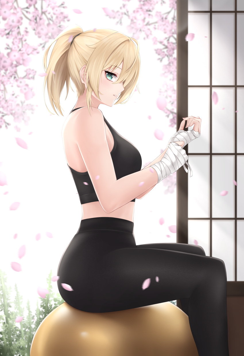 absurdres black_pantyhose black_sports_bra blonde_hair cherry_blossoms curled_fingers green_eyes hand_wraps highres hololive kazama_iroha looking_at_viewer open_door open_mouth pantyhose popcornflakes sexually_suggestive sitting_on_ball sport_ball sports_bra sunlight virtual_youtuber