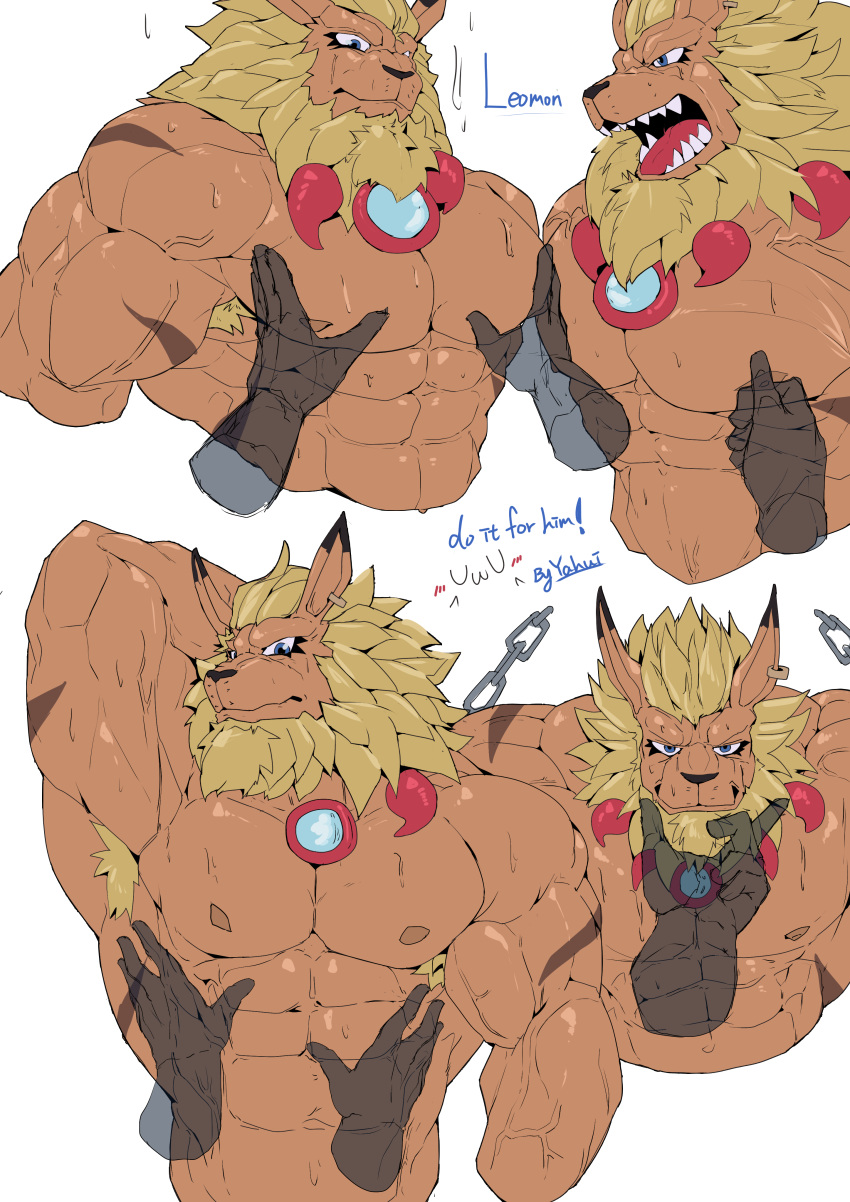 abs absurd_res anthro asiahao520 bandai_namco blonde_hair digimon digimon_(species) feeling_muscles felid groping_chest hair hi_res leomon lion male mammal multiple_images muscular muscular_anthro muscular_male nipple_fetish nipple_pinch nipple_play nipples pantherine pecs pinch shirtless simple_background white_background