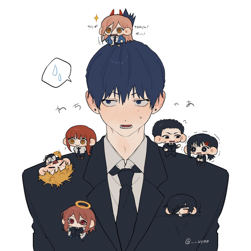 &gt;_&lt; 4boys 4girls angel angel_devil_(chainsaw_man) animal_ears black_eyes black_hair black_jacket black_necktie black_suit blonde_hair blue_eyes blush braid chainsaw_man character_request chibi chibi_on_head chibi_on_shoulder closed_eyes closed_mouth collared_shirt commentary_request denji_(chainsaw_man) dog_boy dog_ears dog_tail eyepatch formal hair_between_eyes hair_ornament hairclip halo hayakawa_aki higashiyama_kobeni highres himeno_(chainsaw_man) horns in_pocket jacket kemonomimi_mode long_hair looking_at_another makima_(chainsaw_man) miniboy minigirl multiple_boys multiple_girls necktie on_head open_mouth pink_hair power_(chainsaw_man) red_eyes red_hair red_horns scar scar_on_cheek scar_on_face shirt short_hair simple_background single_braid sitting smile spoken_sweatdrop suit suit_jacket sweatdrop tail tongue tongue_out topknot translation_request trembling upper_body uyoo white_background white_shirt white_wings wings yellow_eyes