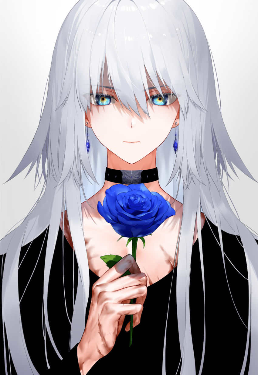 1boy androgynous bangs black_shirt blue_eyes blue_flower blue_rose choker closed_mouth expressionless flower grey_hair hand_up highres holding holding_flower long_hair long_sleeves looking_at_viewer male_focus multicolored_clothes multicolored_eyes multicolored_scarf original portrait rose scar scar_on_hand scarf shirt simple_background solo waka_(shark_waka) white_background white_hair yellow_eyes