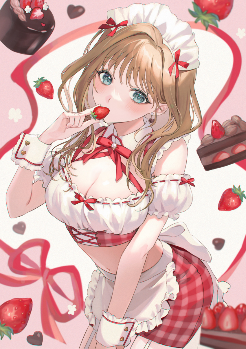 1girl anoa blue_eyes breasts brown_hair cake cake_slice chocolate_cake cleavage commentary_request detached_sleeves food fruit highres holding holding_food long_hair looking_at_viewer maid_headdress medium_breasts original pink_background plaid plaid_skirt puffy_short_sleeves puffy_sleeves red_ribbon red_skirt ribbon short_sleeves skirt solo strawberry two-tone_background valentine white_background white_sleeves wrist_cuffs