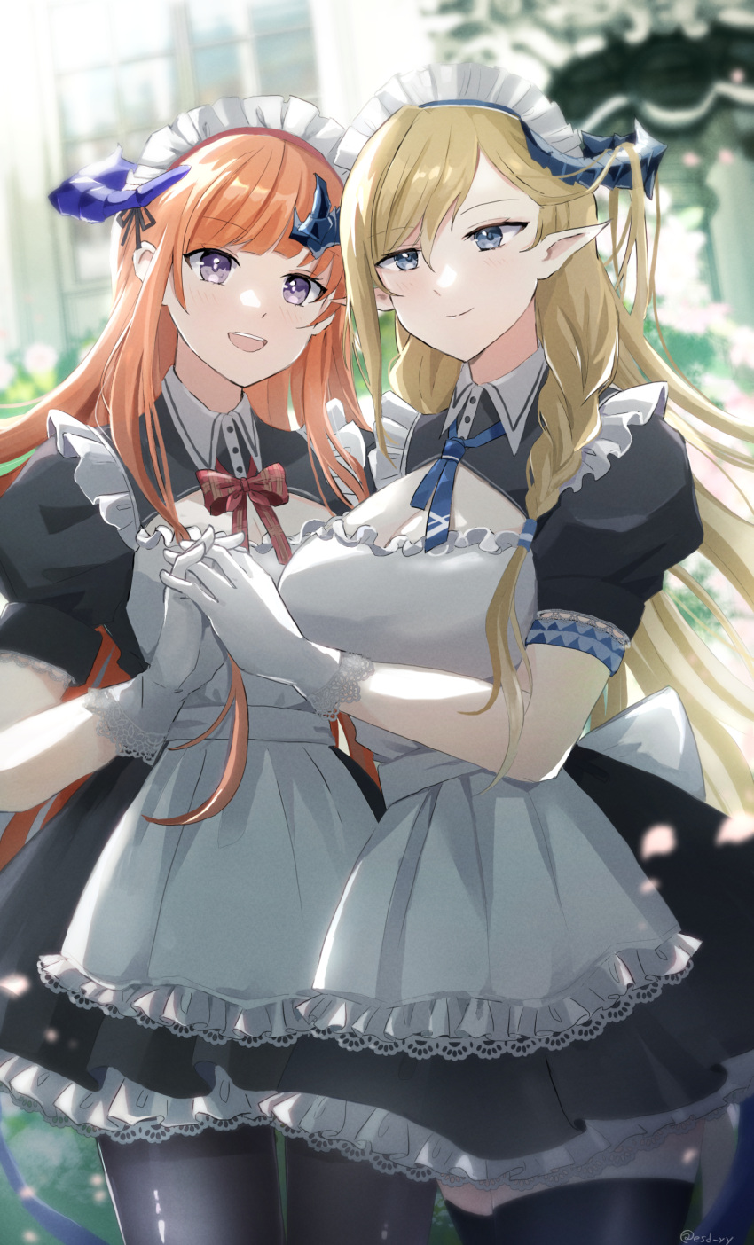 2girls :d alternate_costume apron arknights bagpipe_(arknights) black_dress black_pantyhose black_thighhighs blonde_hair blue_eyes blue_ribbon bow bowtie commentary_request cowboy_shot dress enmaided esuda0919 frilled_apron frills gloves highres holding_hands horns long_hair maid multiple_girls neck_ribbon open_mouth orange_hair pantyhose petticoat pointy_ears puffy_short_sleeves puffy_sleeves purple_eyes red_bow red_bowtie ribbon saileach_(arknights) short_sleeves smile standing thighhighs very_long_hair white_apron white_gloves