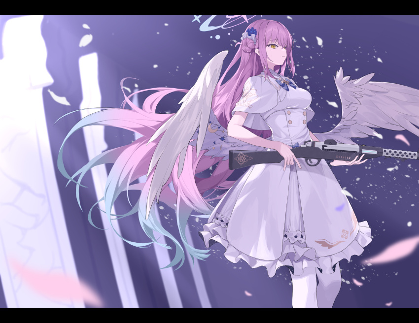 1girl absurdres blue_archive blue_hair breasts closed_mouth dress gradient_hair gun hair_ornament halo highres holding holding_gun holding_weapon letterboxed long_hair low_wings medium_breasts mika_(blue_archive) multicolored_hair pantyhose pink_hair short_sleeves solo standing weapon white_dress white_pantyhose white_wings wings yellow_eyes yume_(454565427)