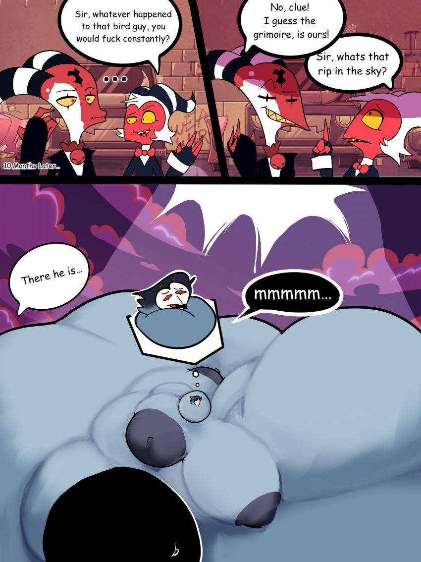 absurd_res abunbot anthro avian belly big_belly big_breasts bird blitzo_(helluva_boss) breasts butt clothing comic crush demon digital_media_(artwork) english_text fur helluva_boss hi_res imp male male/male moxxie_(helluva_boss) nipples obese overweight overweight_anthro overweight_male owl profanity red_body red_eyes stolas_(helluva_boss) text thick_thighs weight_gain wide_hips